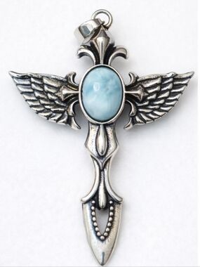 1 Larimar Winged Sword Pendant 1.92” Blue Stone Gothic Angel Charm